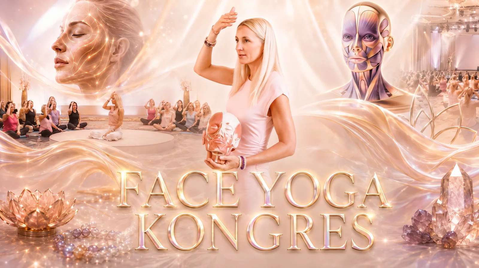 Face Yoga Kongres — koláž z kongresu, anatomie obličeje a účastnic